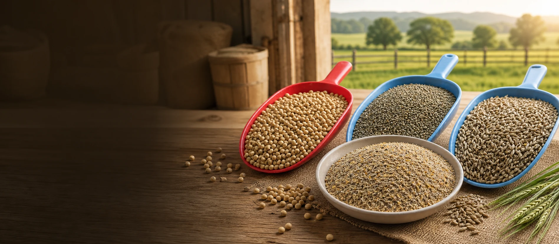Natural grains and balanced livestock feed displayed in colourful scoops